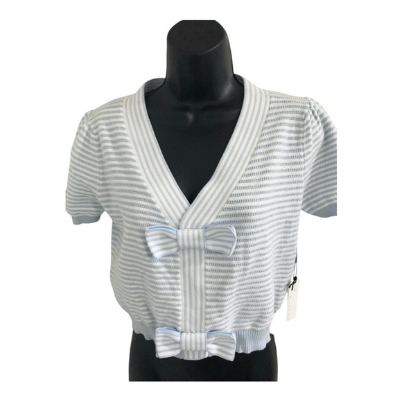 White blue striped bow front pleated puff shoulder short sleeve v-neck sweater - Picture 8 of 12